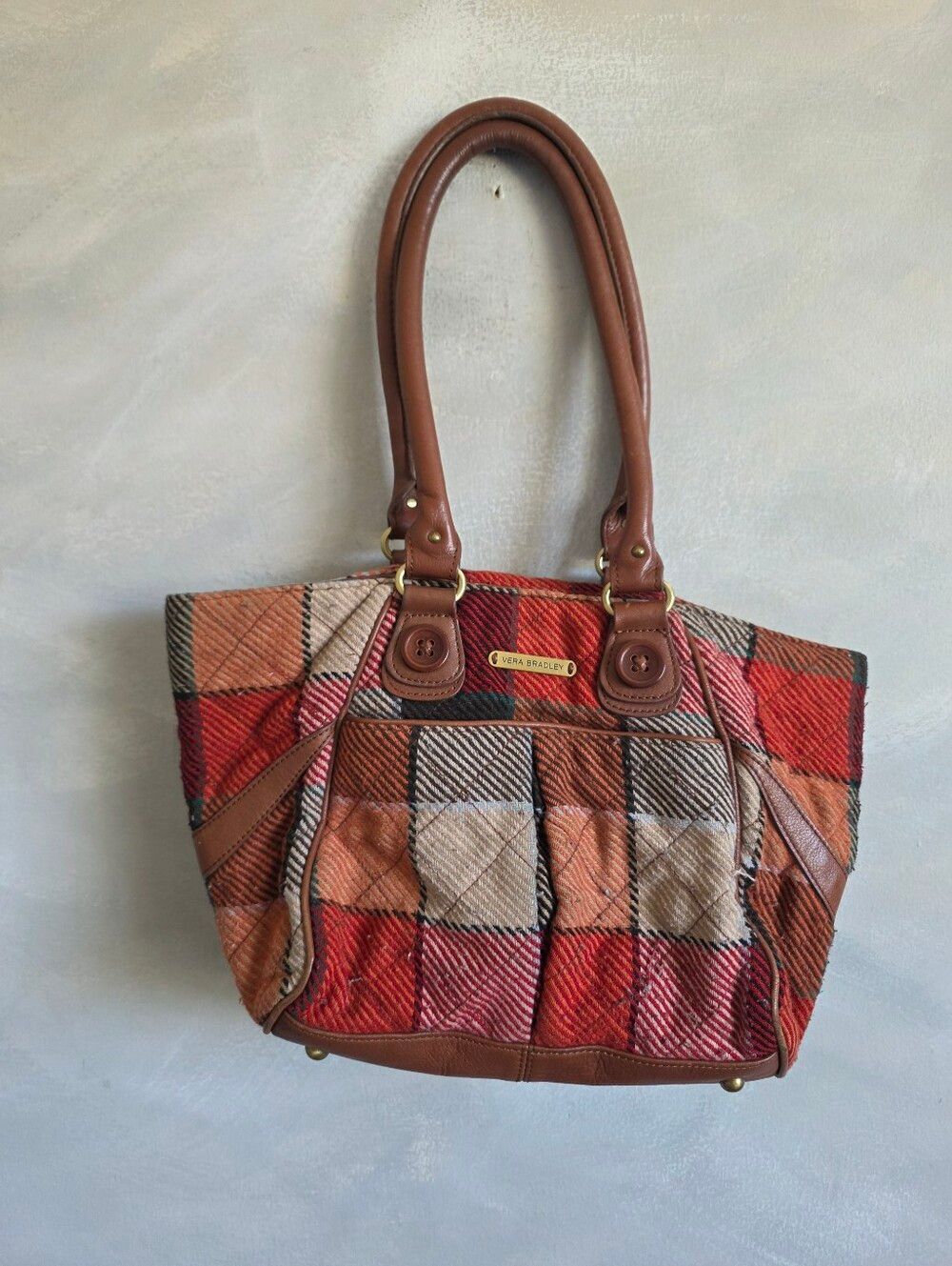 Vera Bradley Plaid Red Orange Patchwork Quilted Wool Shoulder Bag 15x8x5